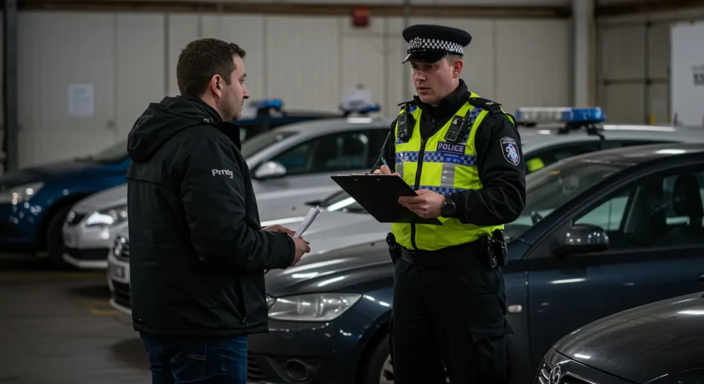 policeman talking to a man taking notes